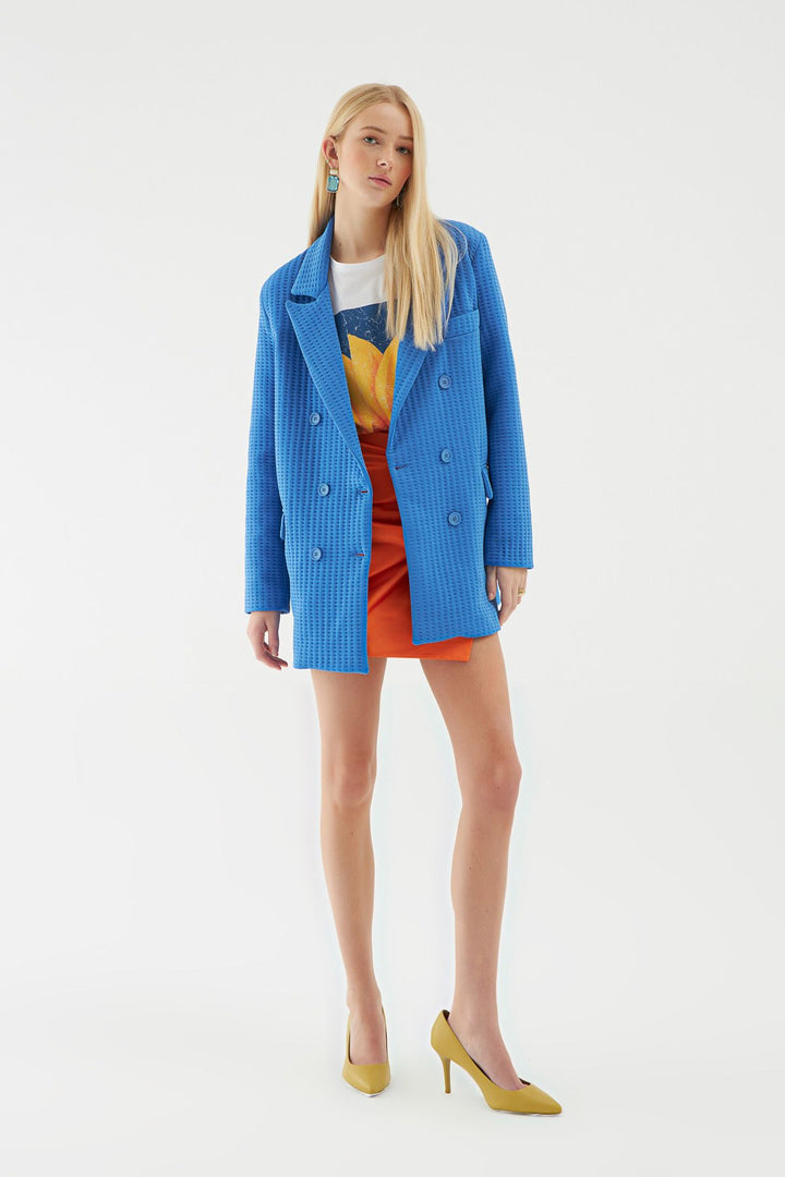 Dokulu Blazer Ceket Sax