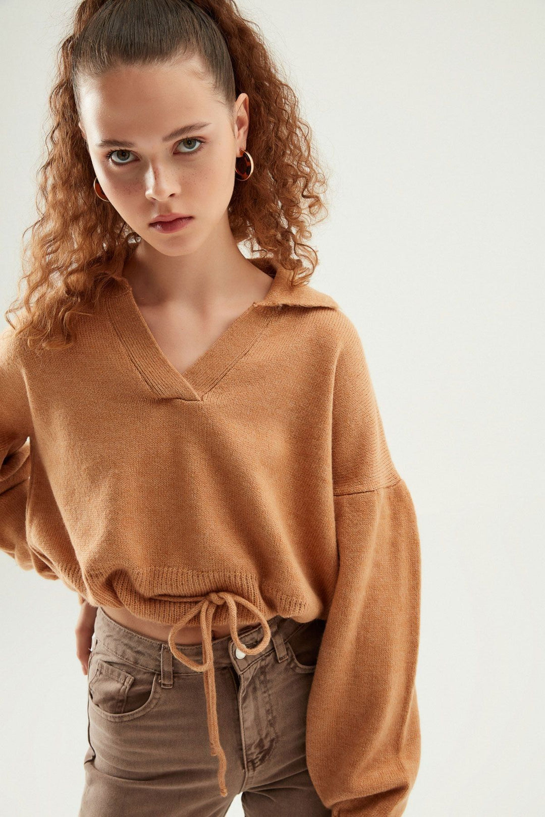 Polo Yaka Beli Büzgülü Triko Camel