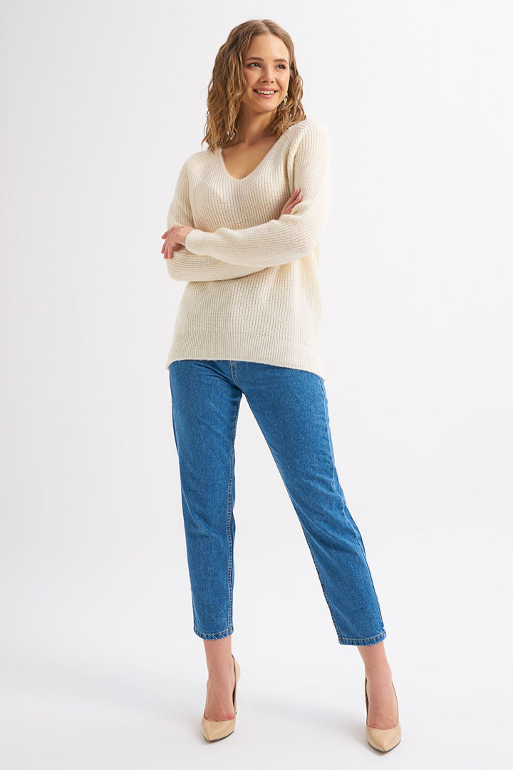 V Neck Long Sweater Ecru