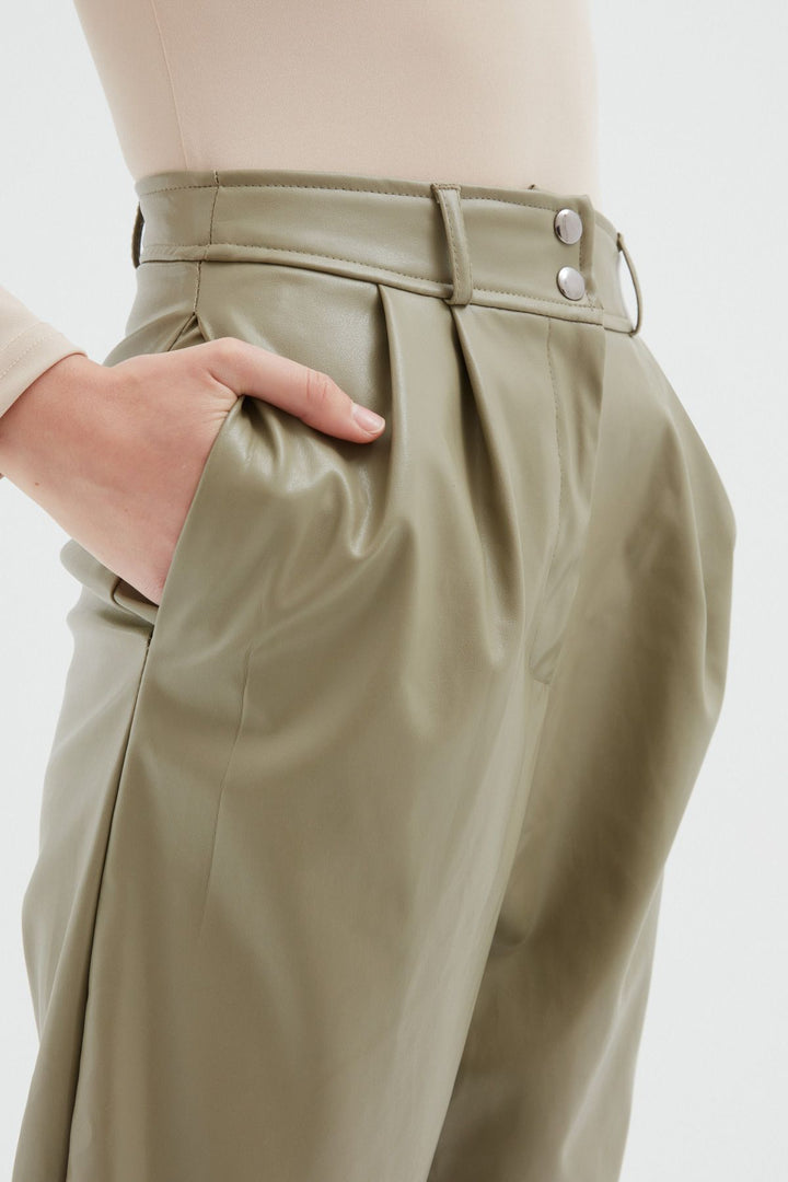 Leather Jogger Khaki With Snap Legs
