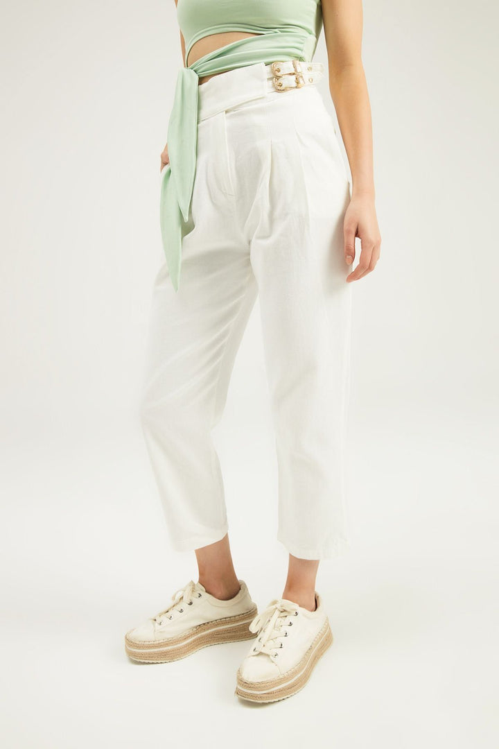 Tokalı Gabardin Yüksek Bel Pantolon Beyaz