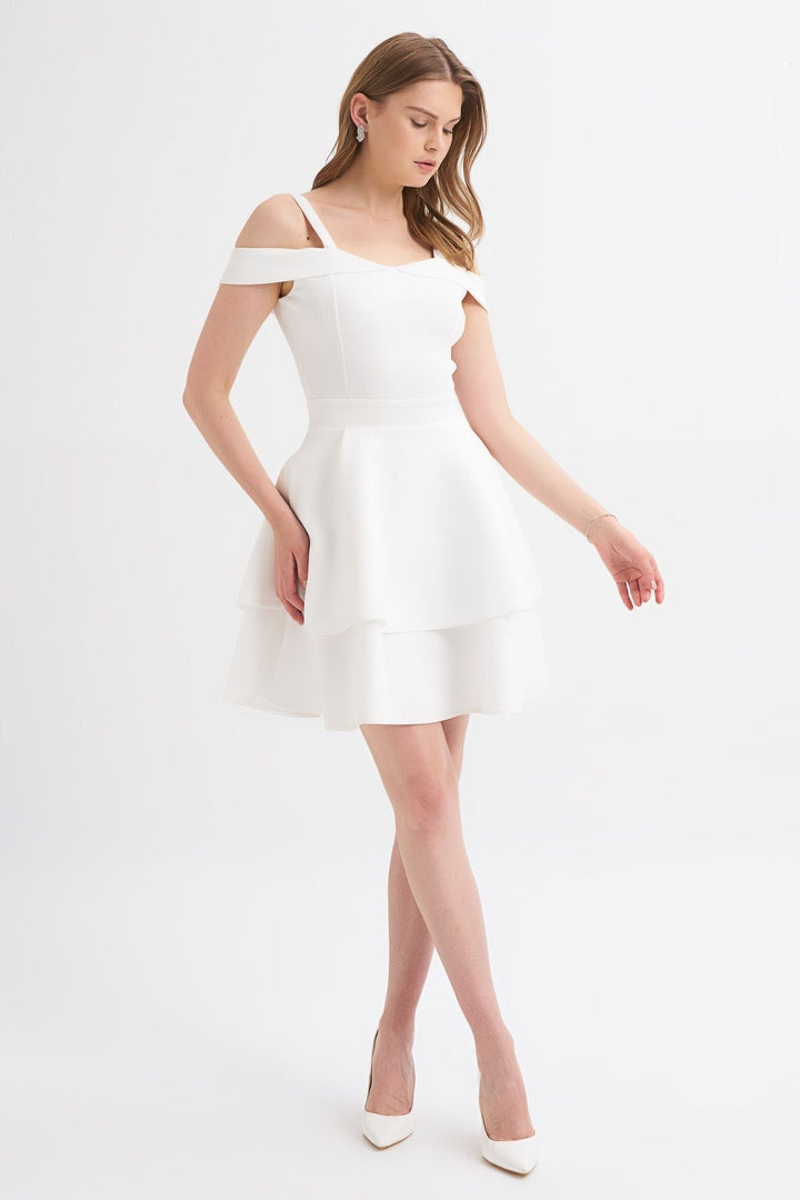 Askılı Düşük Omuz Kat Kat Elbise Ekru