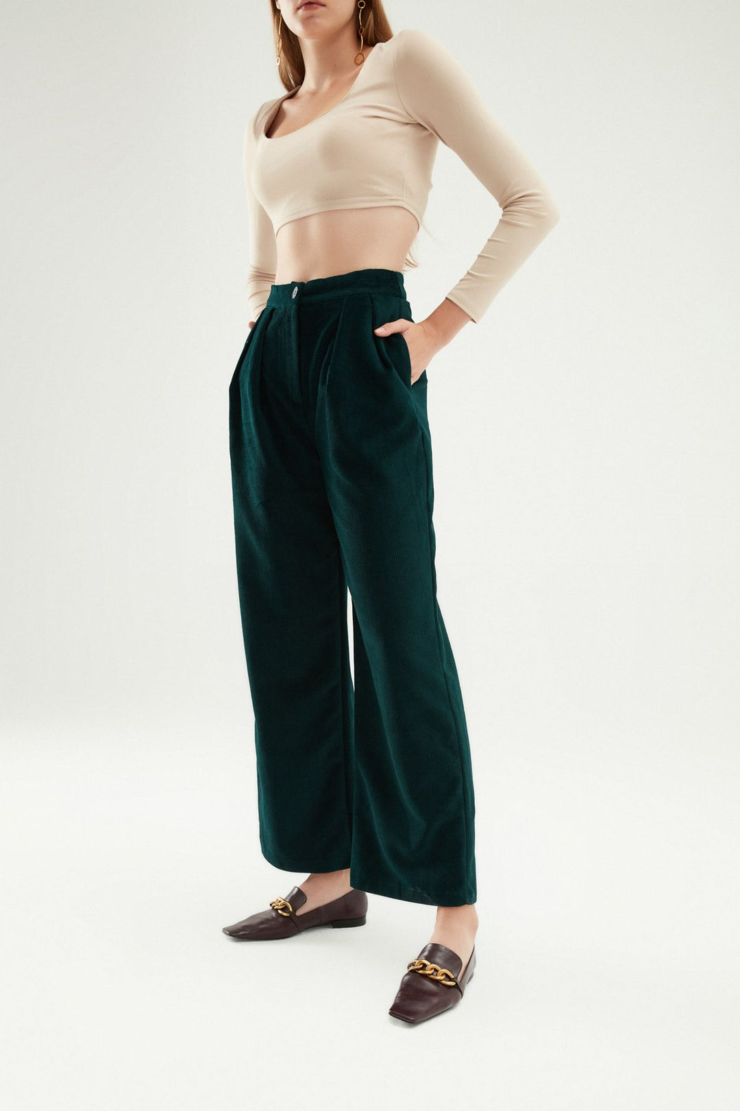 Pleated Velvet Trousers Dark Green
