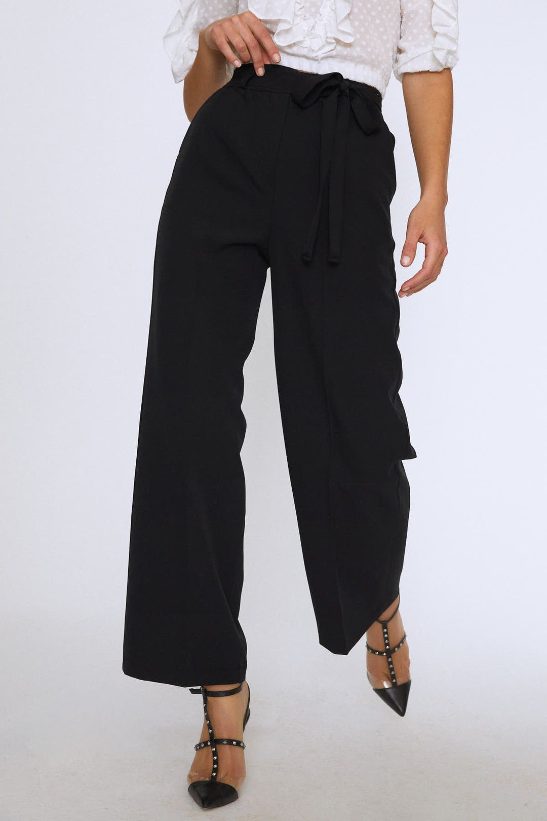 Beli Bağlamalı Geniş Paça Pantolon Siyah