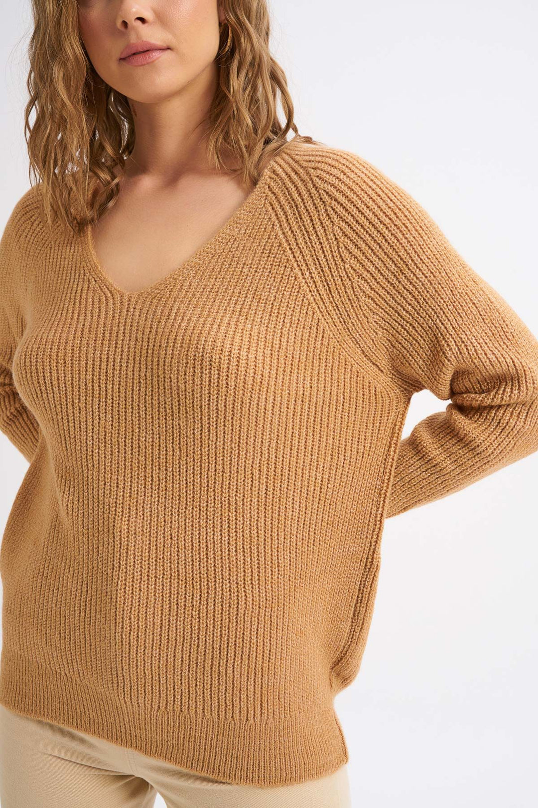 V Neck Long Sweater Camel