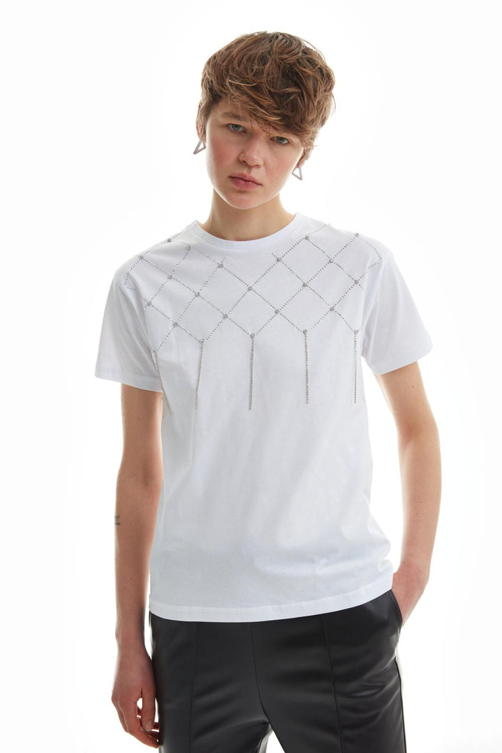 Stone Detailed Crew Neck T-Shirt White