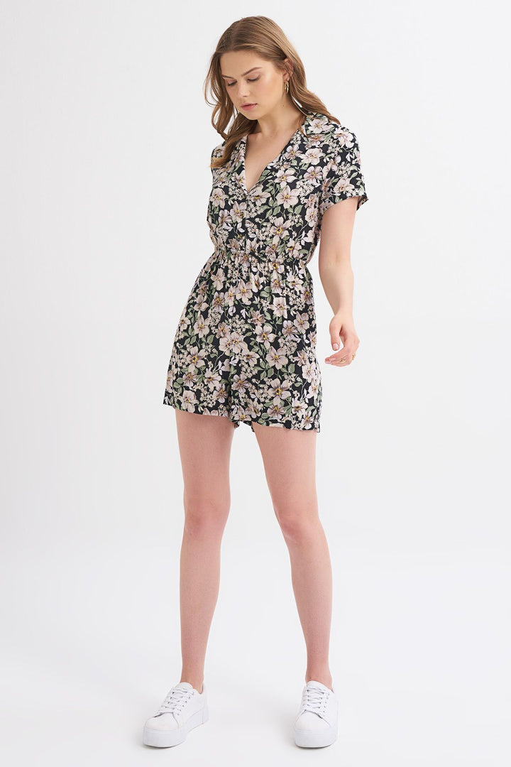 Patterned V-Neck Jumpsuit Black