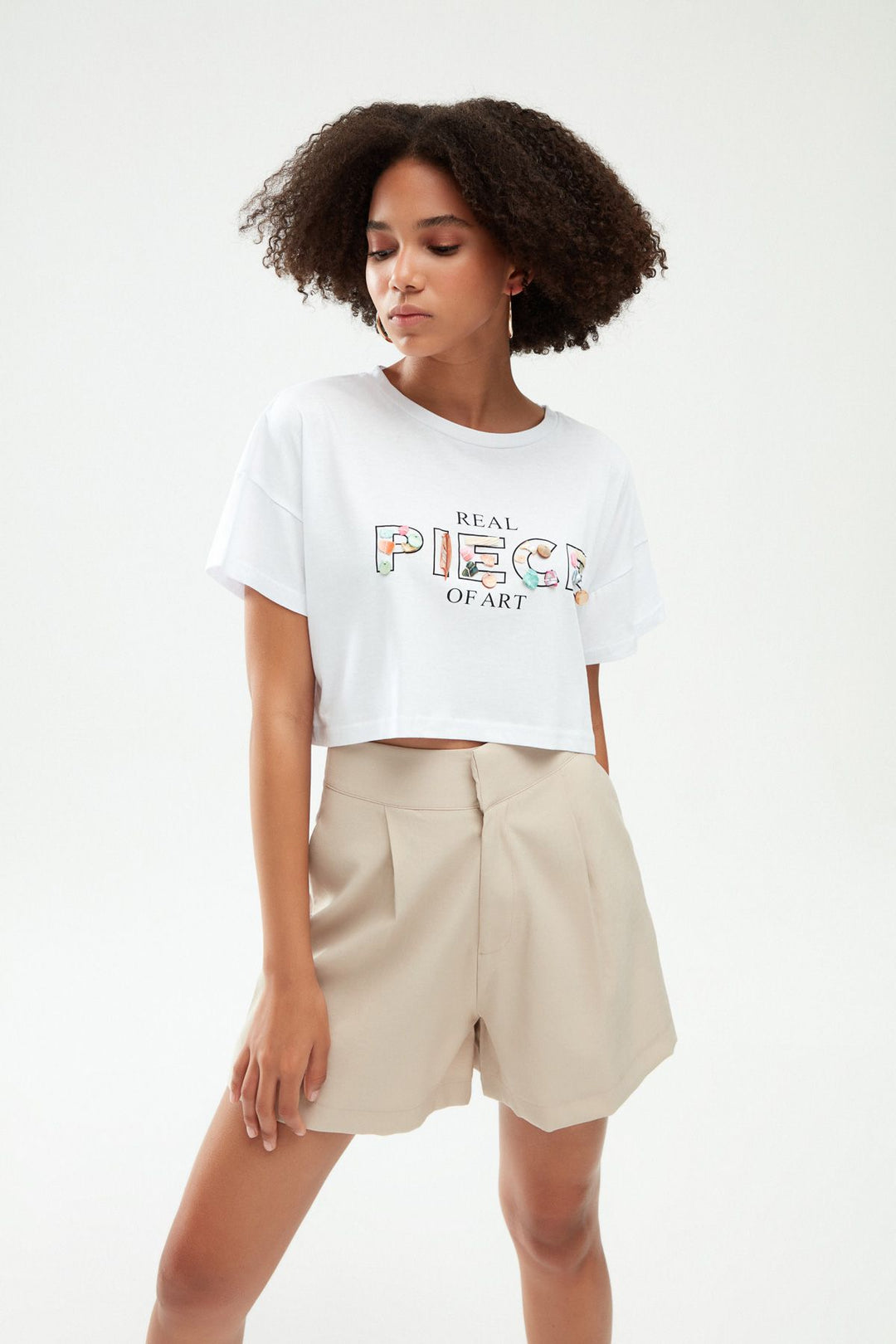 Baskılı Crop Tişört Beyaz