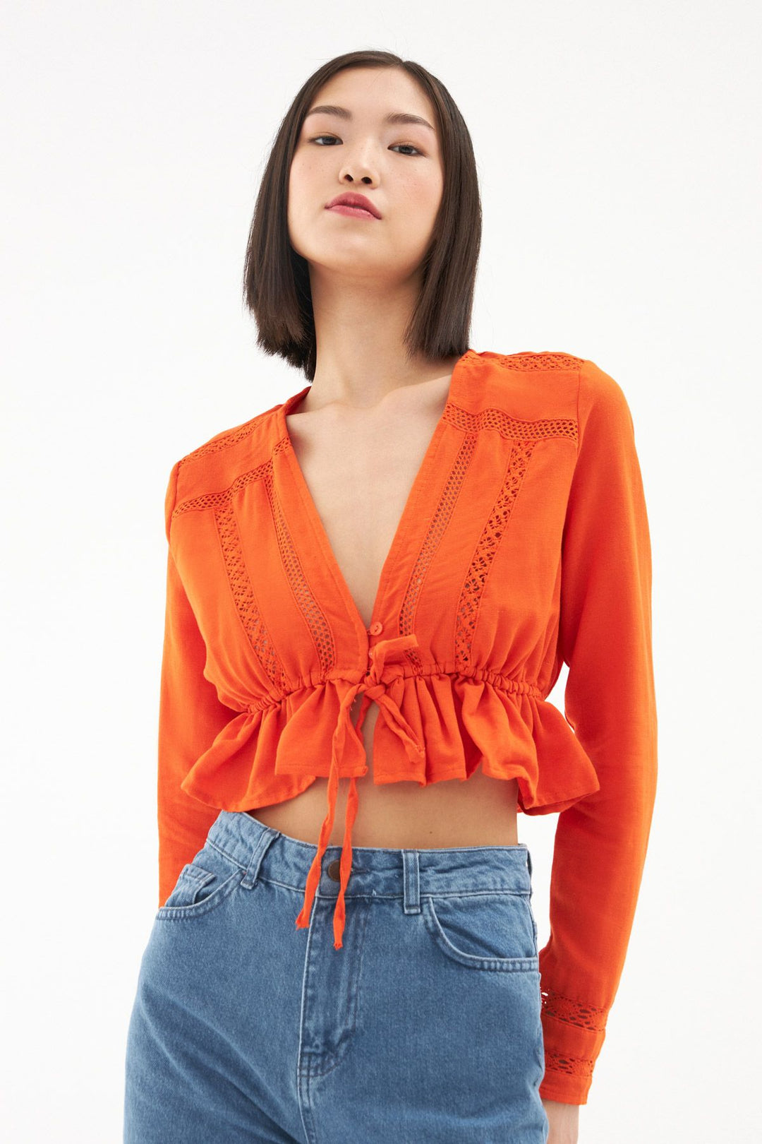 Pleated Waist V Neck Linen Blouse Orange