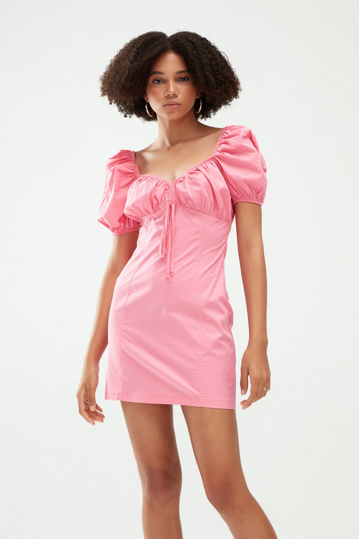 V Yaka Balon Kol Mini Elbise Şeker Pembe