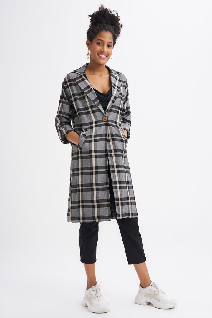 Tek Düğmeli Ekose Ceket Gri