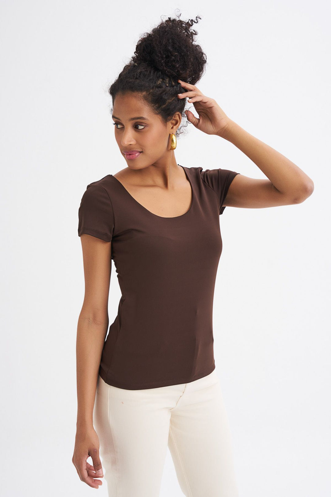 Short Sleeve Basic Blouse Brown