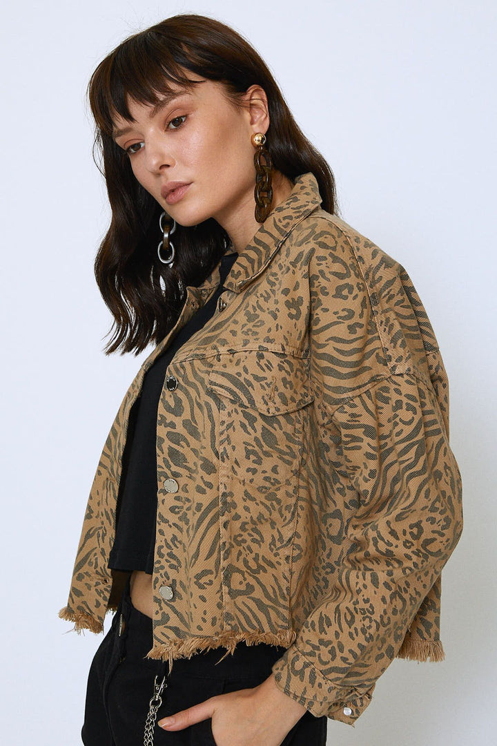 Leopard Patterned Tasseled Gabardine Denim Jacket Camel