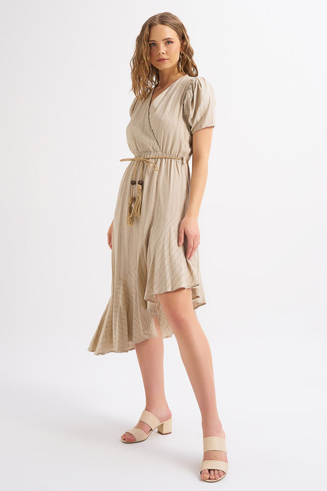 Straw Belt Double Breasted Linen Dress Natural