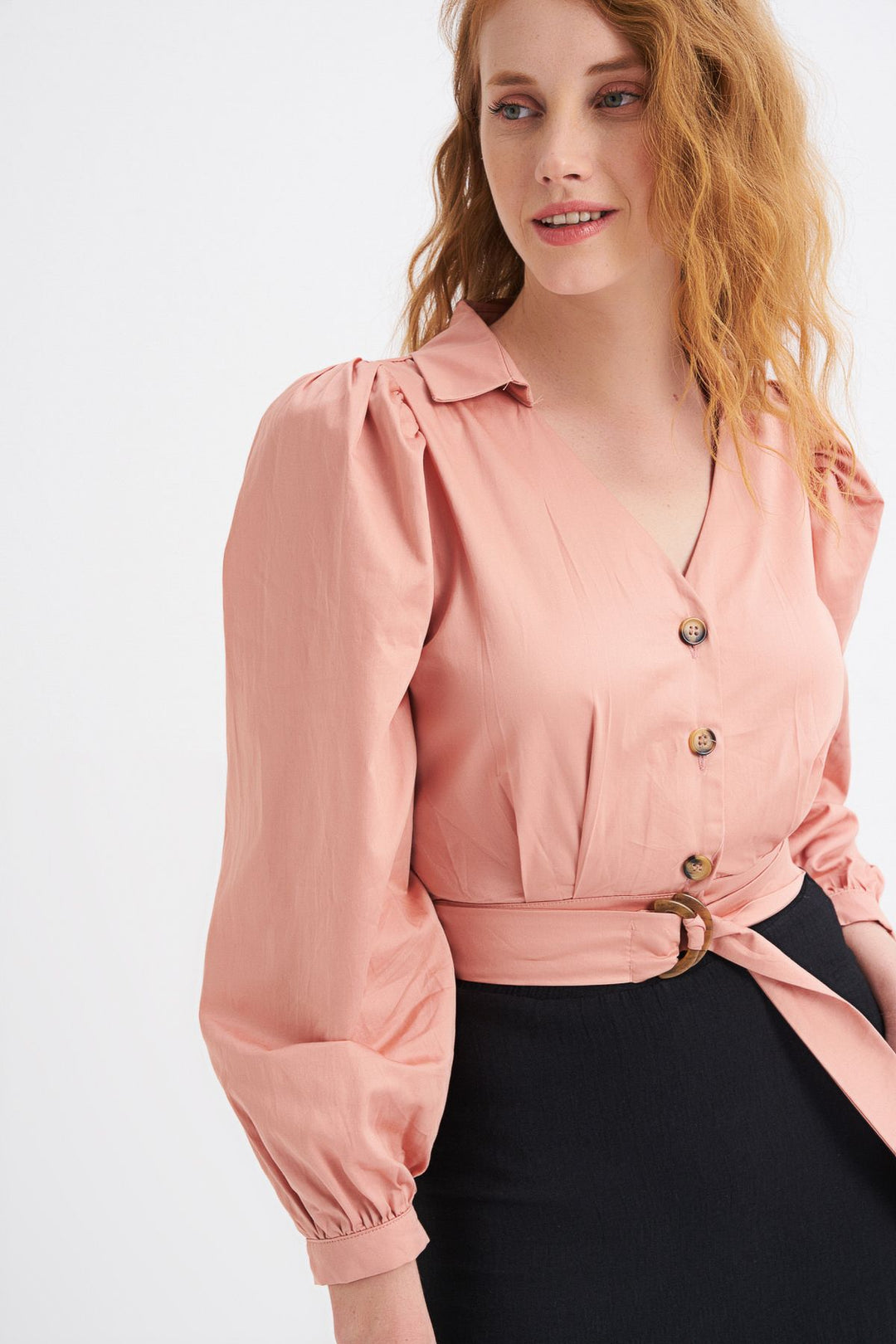 Önü Düğmeli Balon Kol Gömlek Somon
