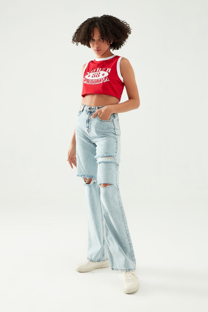 Kolsuz Baskılı Crop Tişört Kırmızı