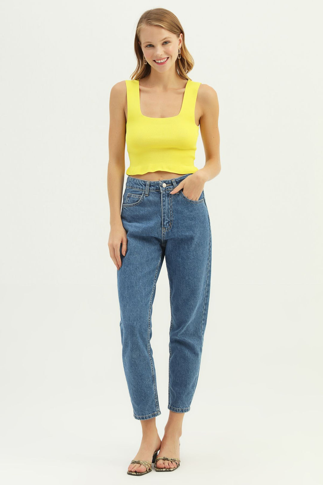 Askılı Ucu Fırfırlı Triko Sarı