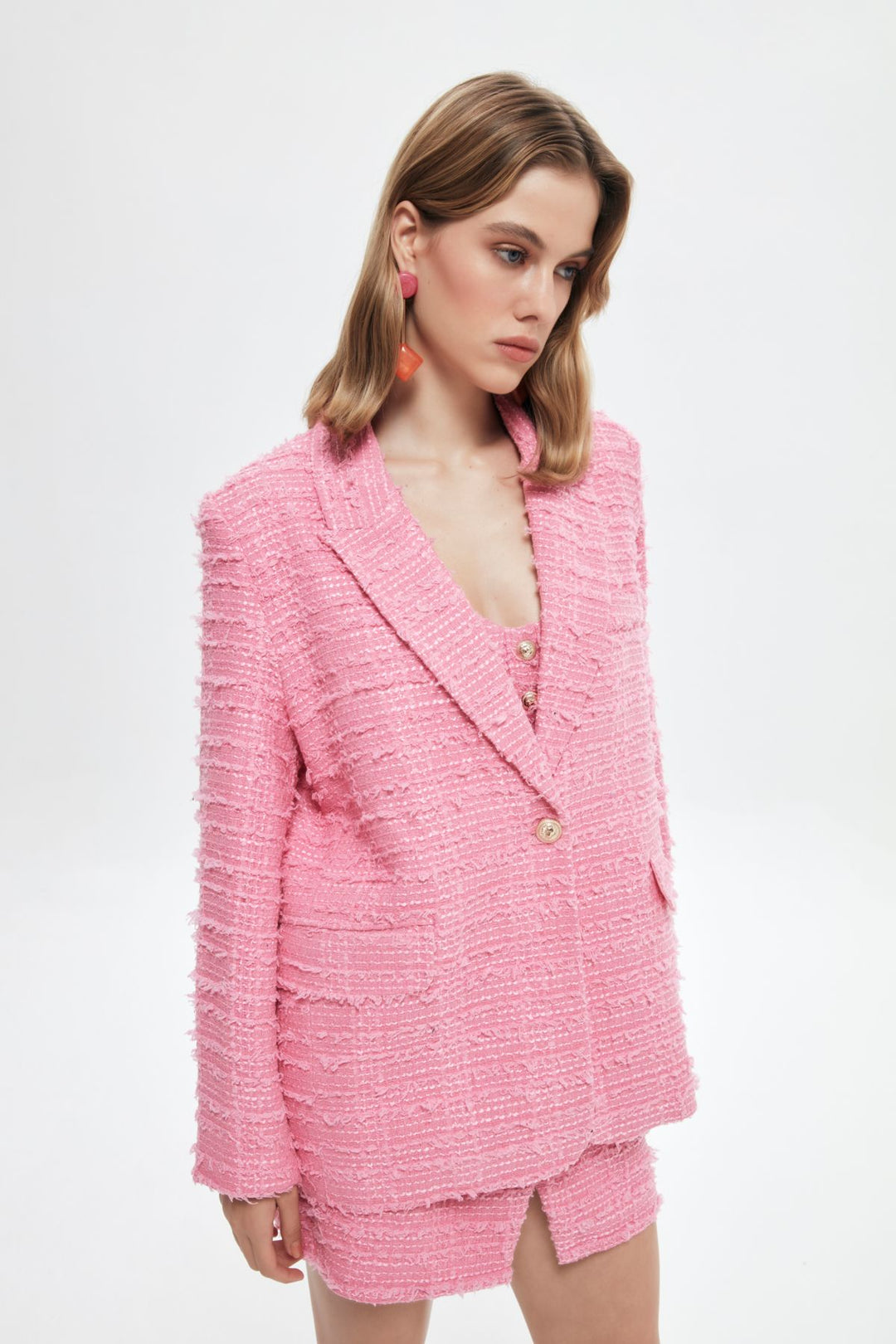 Single Button Tweed Blazer Jacket Pink