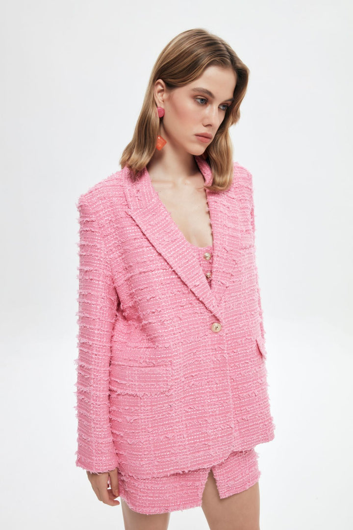 Single Button Tweed Blazer Jacket Pink