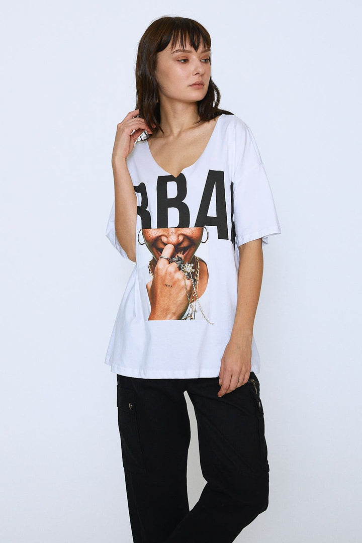 V-Neck Printed T-Shirt White
