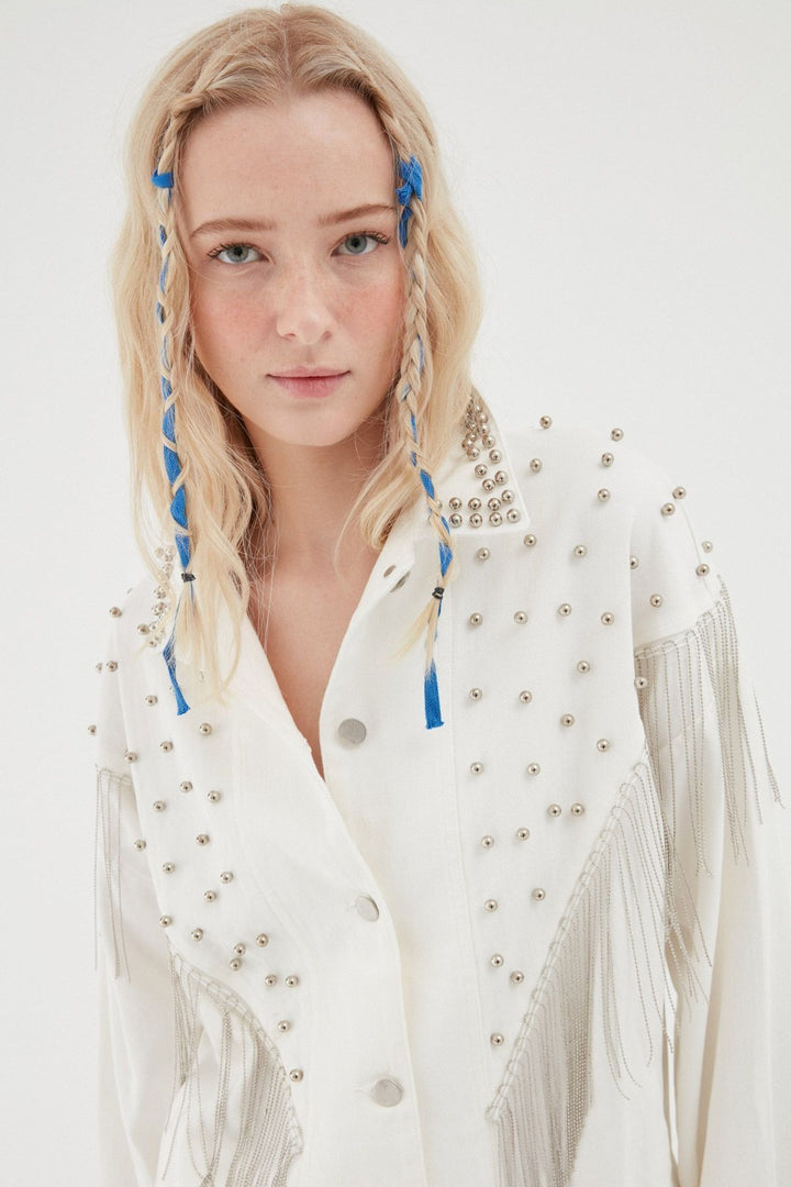 İnci Detaylı Kot Ceket Beyaz