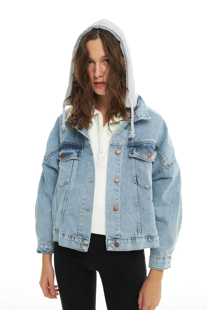 Hooded Oversize Denim Jacket Light Blue