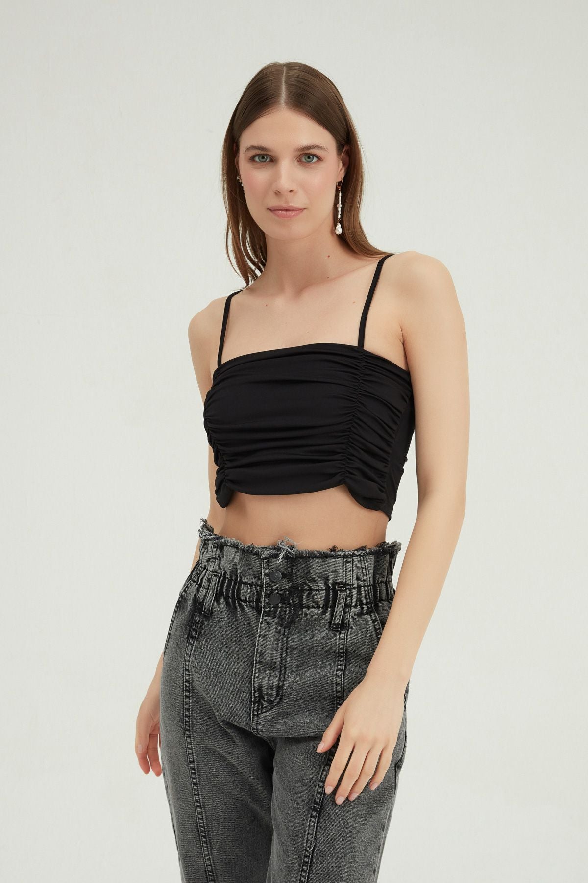 Thin Strapped Gippie Crop Blouse Black