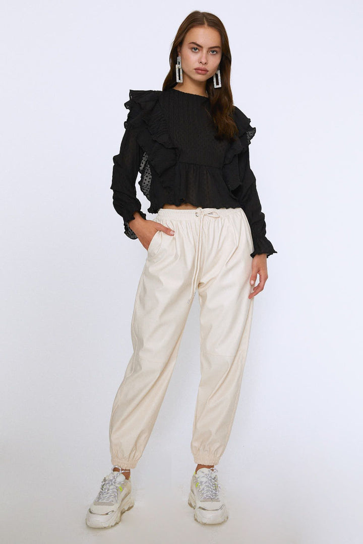 Ruffled Long Sleeve Blouse Black