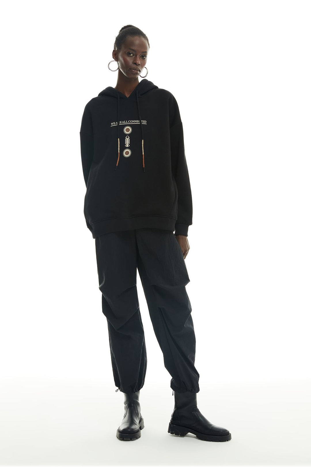 Back Print Detailed Hoodie Sweatshirt Black