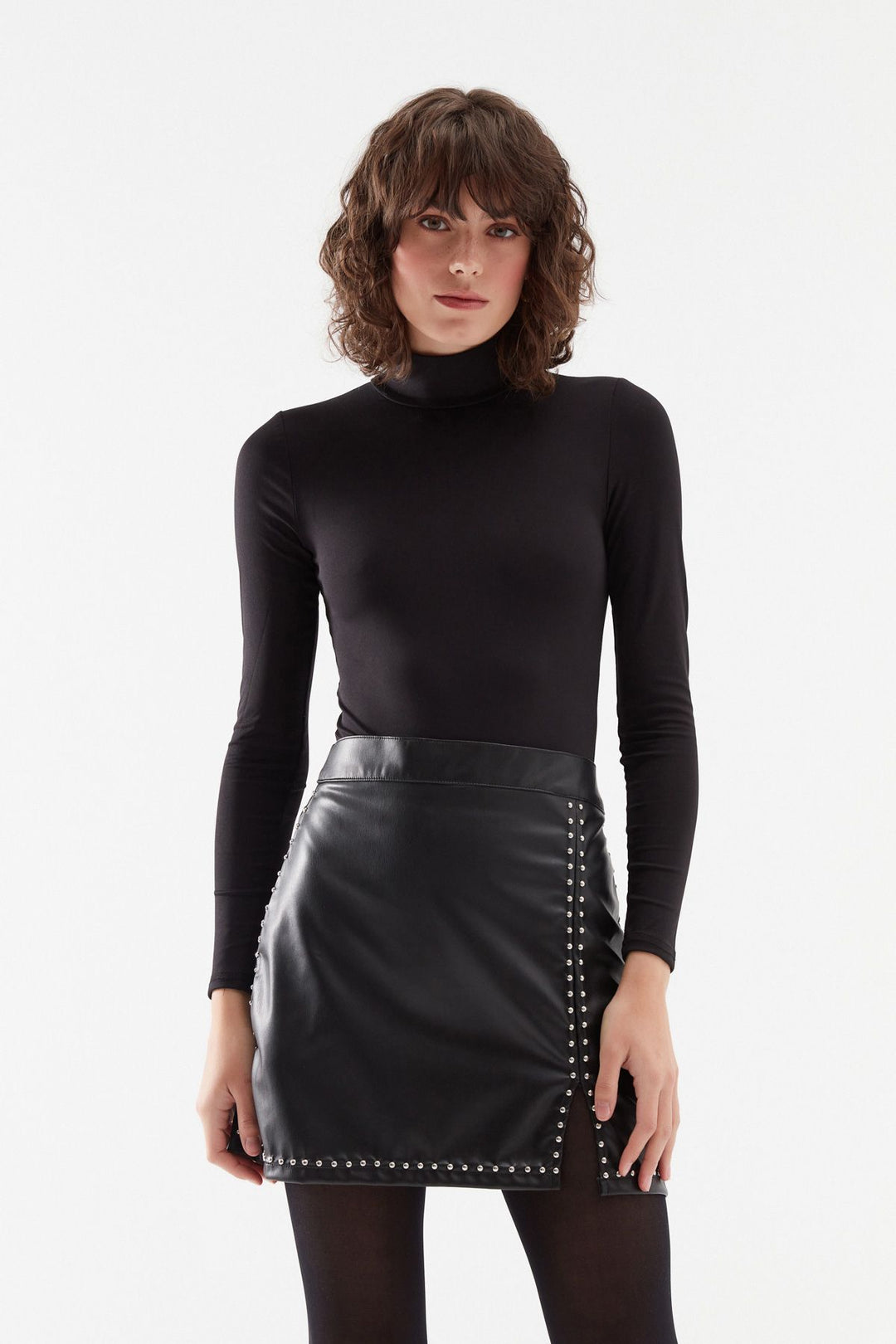 Troklu Deri Mini Etek Siyah