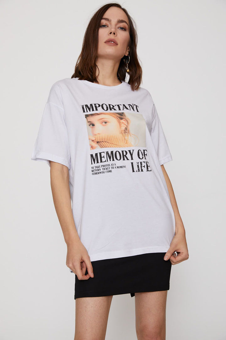Baskılı Oversize Tişört Beyaz