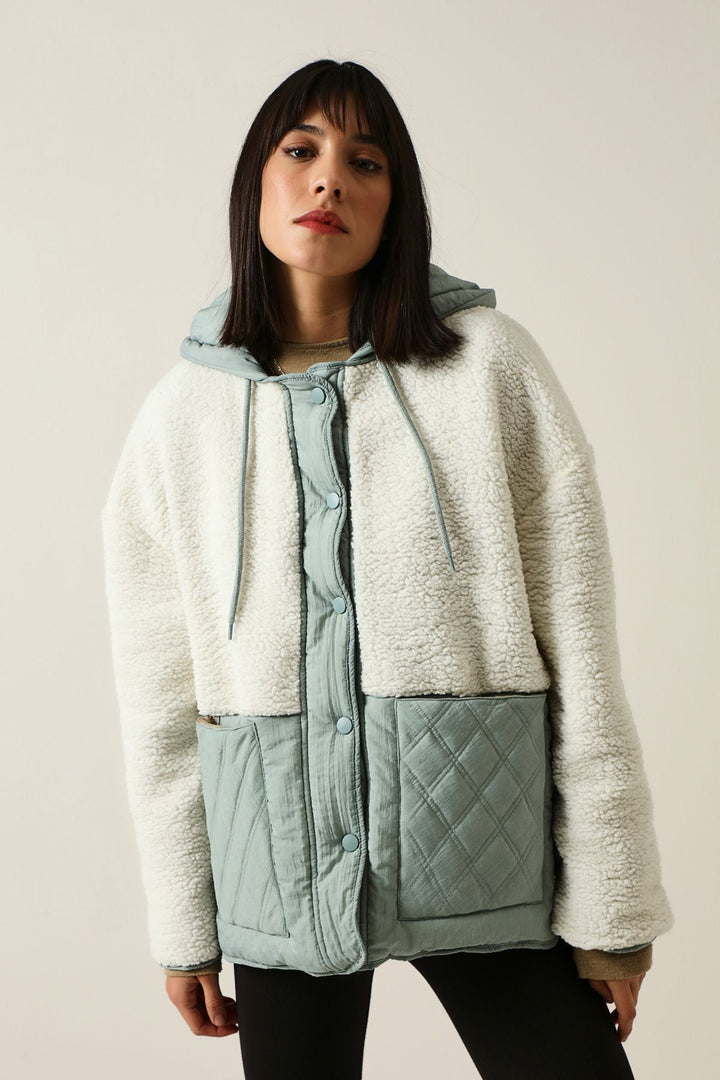 Hooded Plush Detailed Coat Ecru