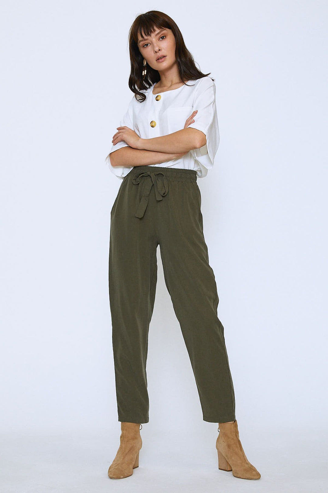 Beli Lastikli Kuşaklı Casual Pantolon Haki