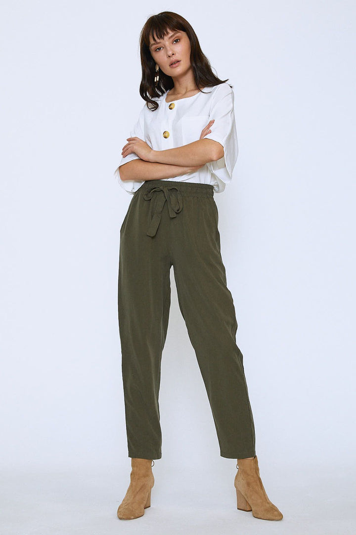 Beli Lastikli Kuşaklı Casual Pantolon Haki