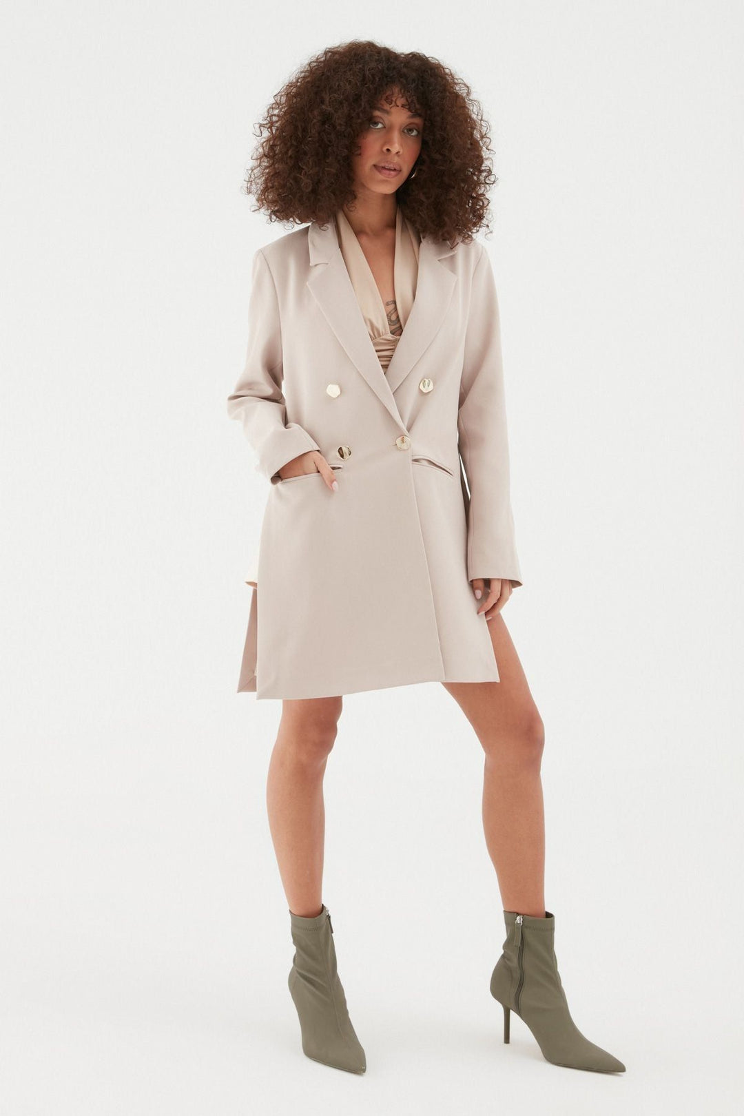 Yanı Yırtmaçlı Uzun Blazer Ceket Taş