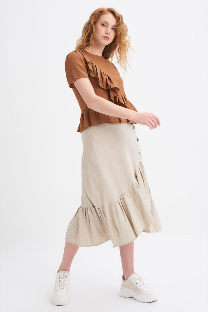 Buttoned Slit Linen Skirt Natural