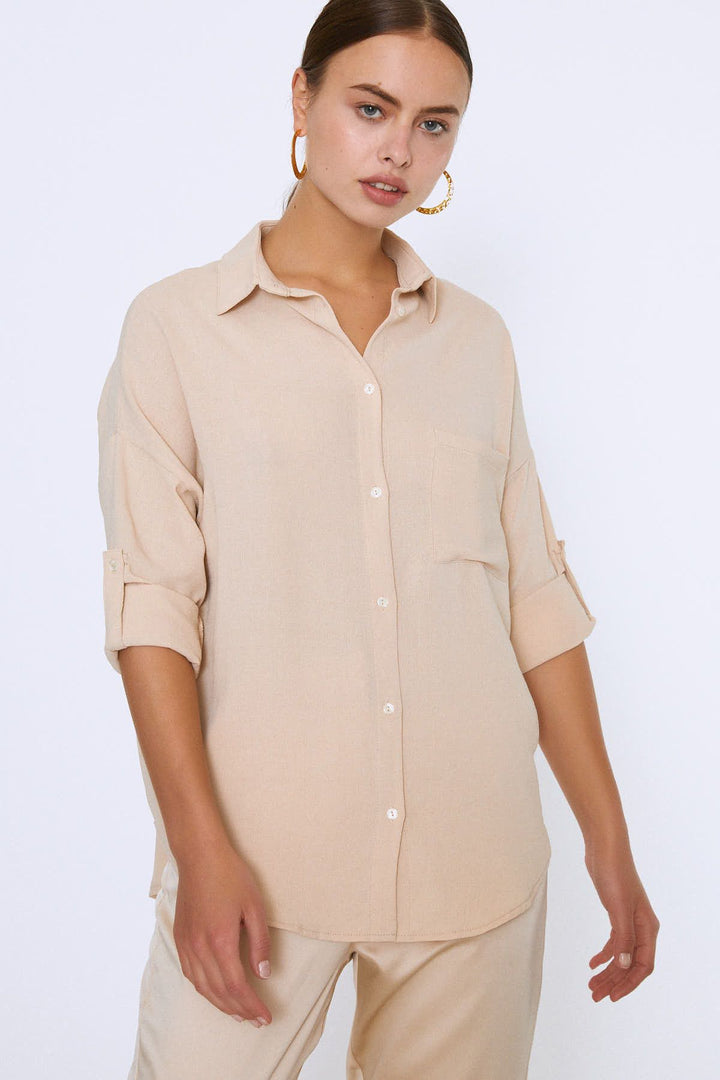 Embroidered Back Three Quarter Sleeve Shirt Stone