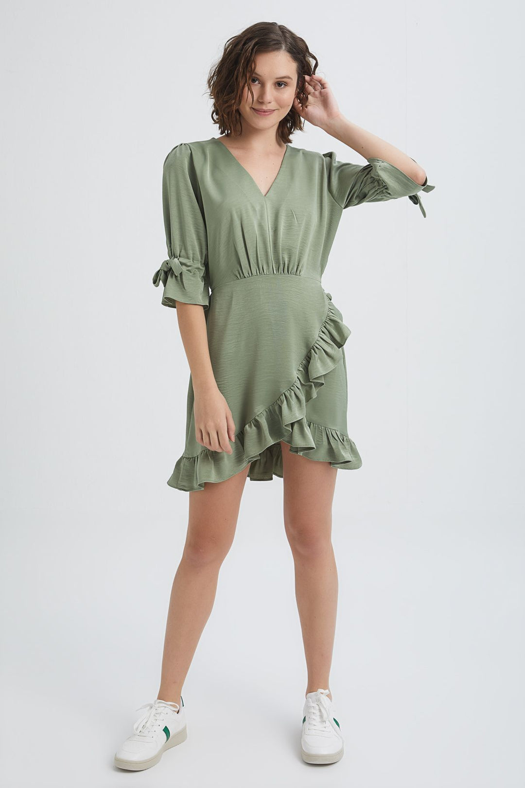 V Neck Frilly Mini Dress Mint