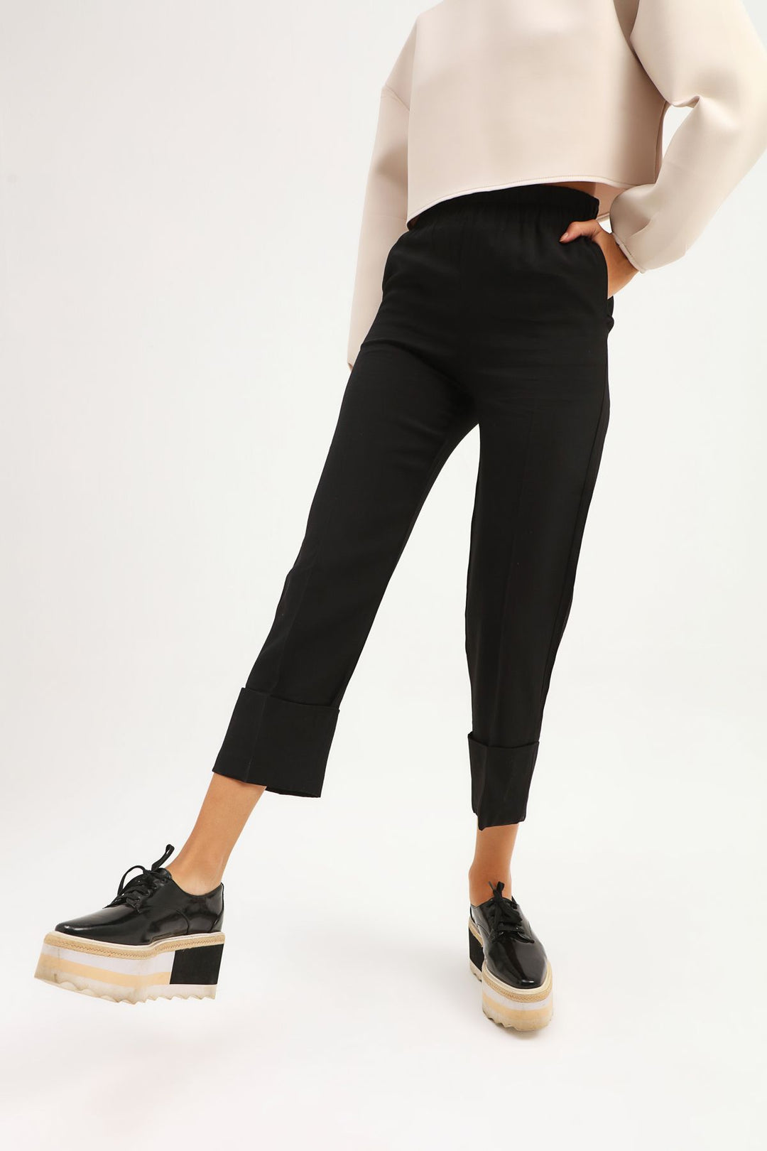 Beli Lastikli Duble Paça Pantolon Siyah