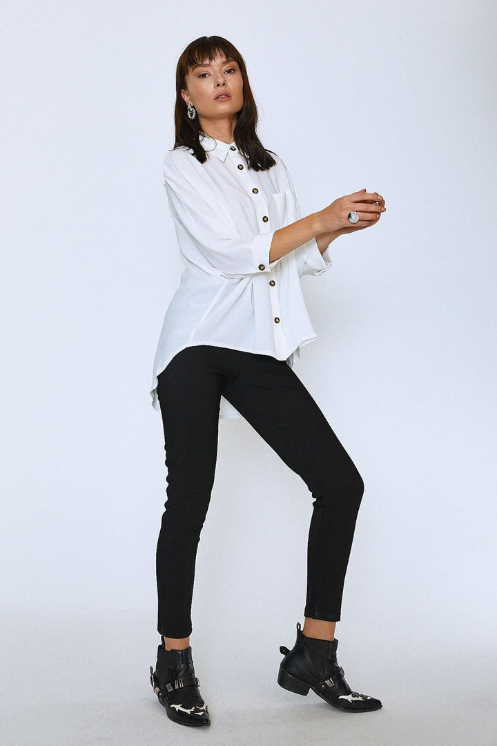 Uzun Oversize Cepli Gömlek Ekru