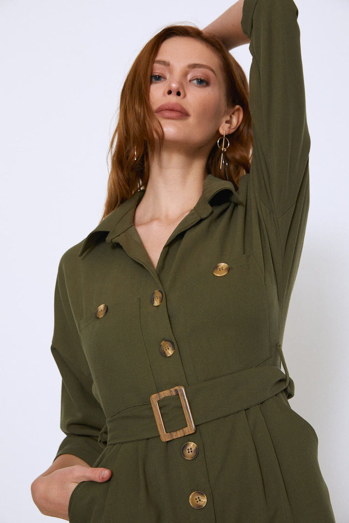 Beli Kuşaklı V Yaka Tulum Haki