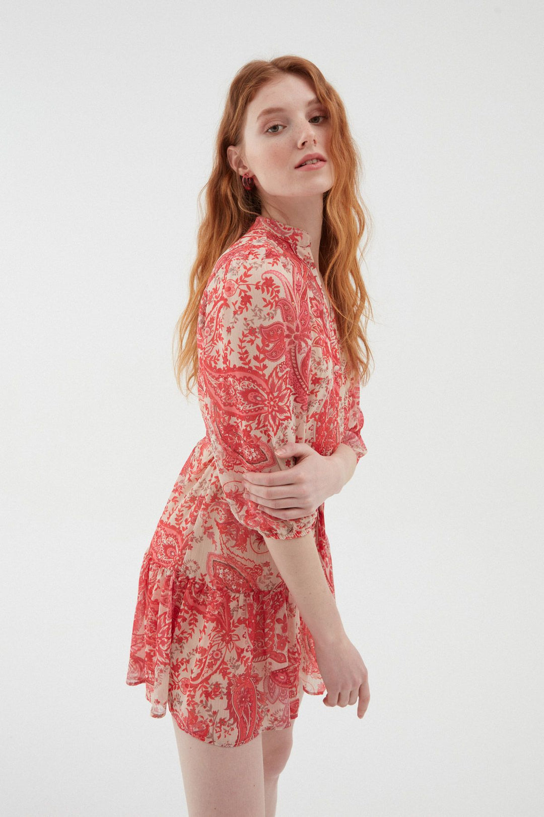 Patterned Chiffon Shirt Dress Pink