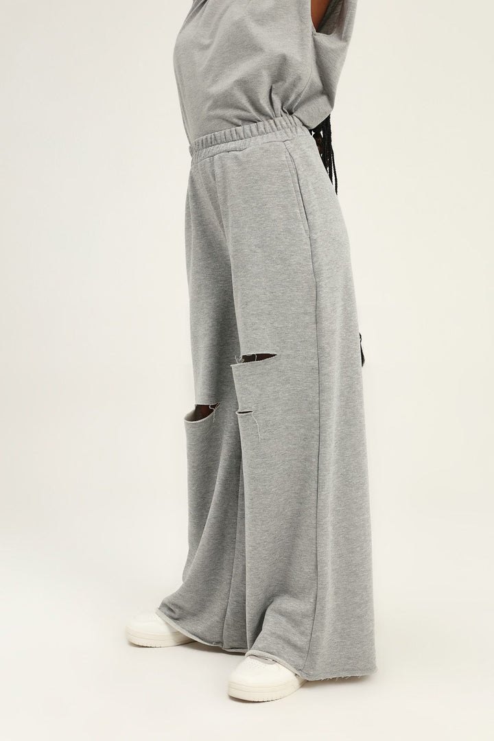 Ripped Detailed Tracksuit with Elastic Waist Graymelange