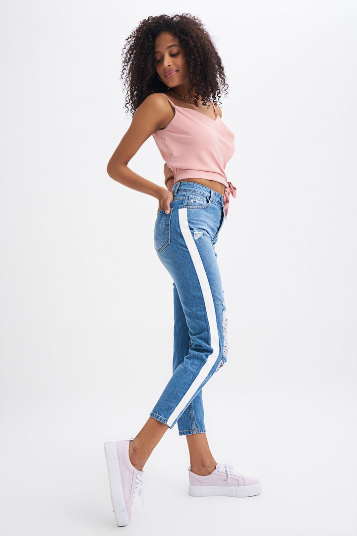 Yanları Beyaz Şeritli Kot Pantolon Mavi