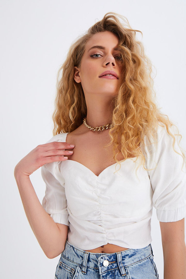 Balloon Sleeve Gipe Detailed Blouse Ecru