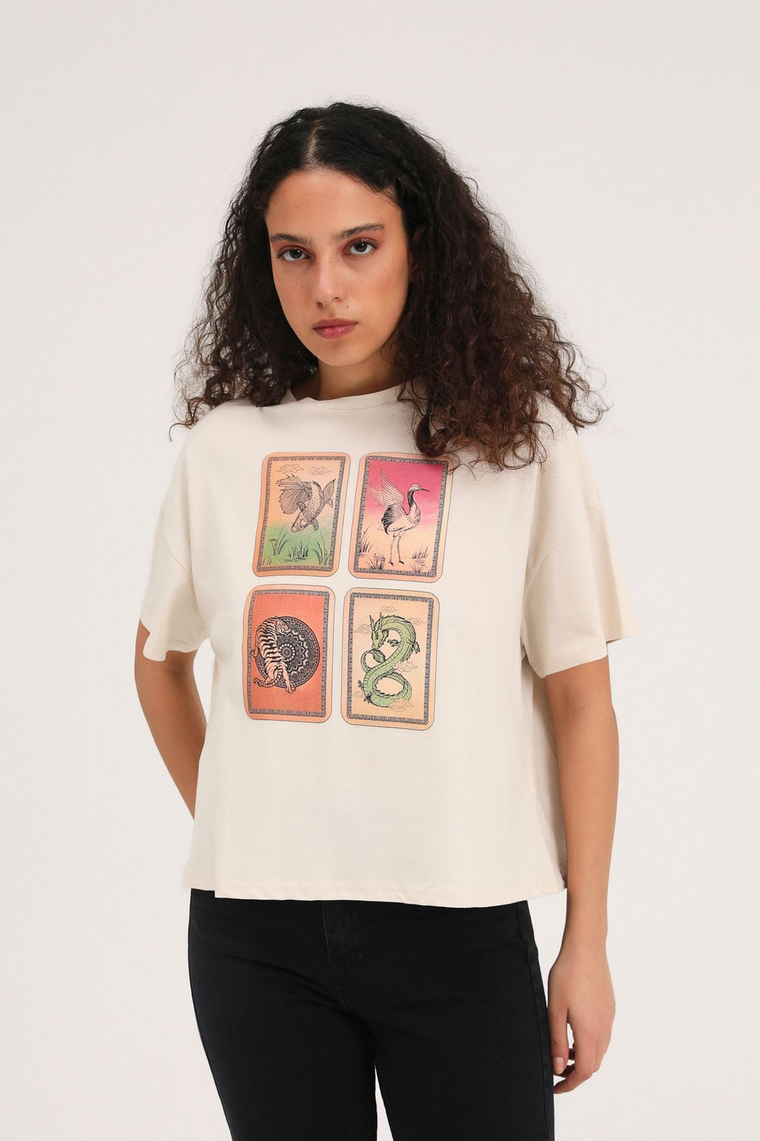 Baskılı Crop Tişört Bej