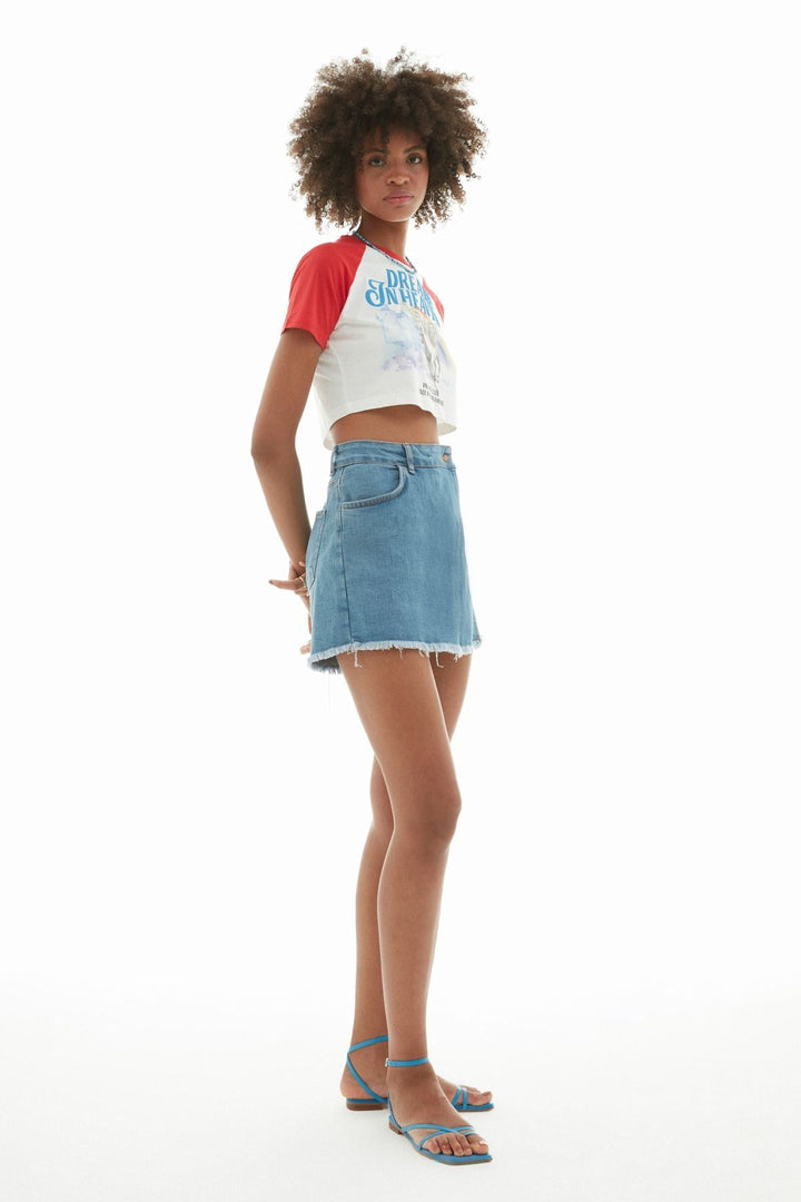 Tasseled Denim Shorts Skirt Blue