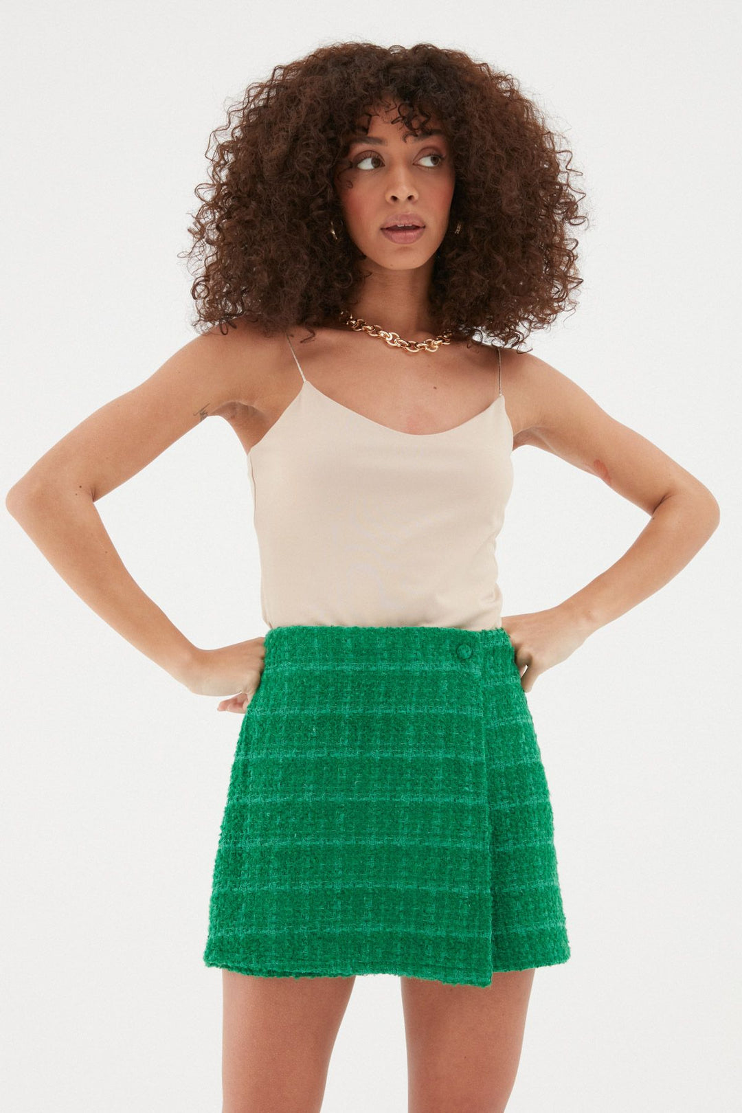 Tweed Patterned Mini Short Skirt Green