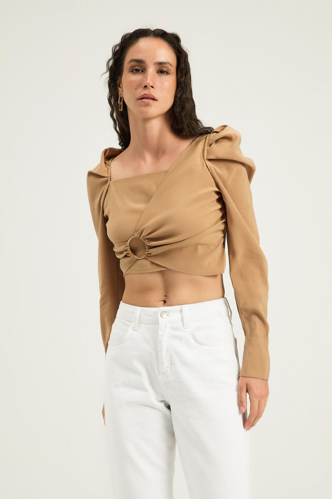 Buckle Detailed Balloon Sleeve Blouse Camel