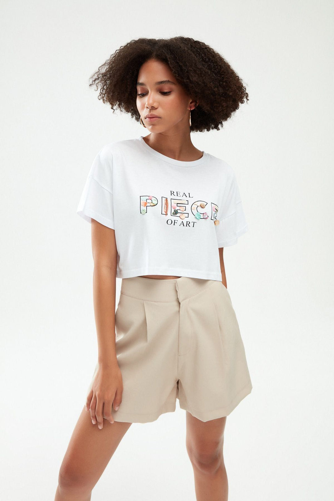 Baskılı Crop Tişört Beyaz